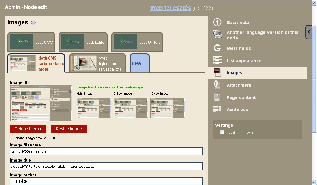 dotfsCMS content management system: editing a web page.